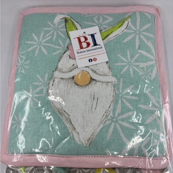 🟣 Bunny Gnome Oven Mitt and Pot Holder NWT Gray, Pastel Pink and Pastel Green - Picture 3 of 5